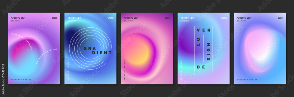 Poster vector set of fluid gradient backgrounds with radial blur effect. covers design template with neon b