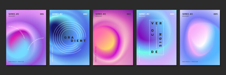 Vector set of fluid gradient backgrounds with radial blur effect. Covers design template with neon blurry circles and iridescent color gradation. Posters with glowing blurry stains in modern style.