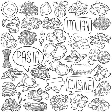 Pasta Doodle Icons Black and White Line Art. Italian Food Clipart Hand Drawn Symbol Design.