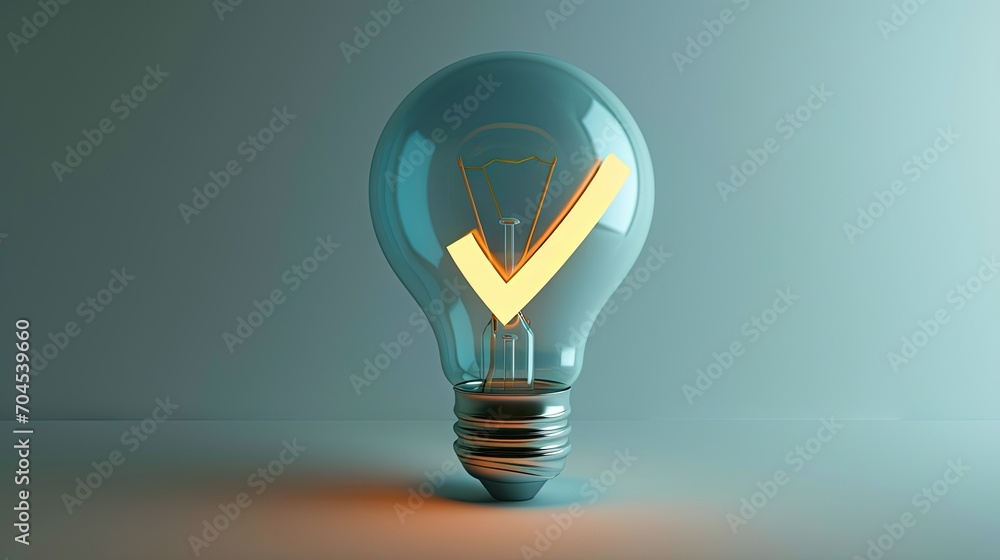 Poster light bulb with check mark inside on blue background