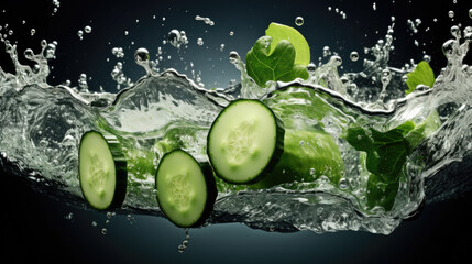 Smooth fresh organic sliced green Cucumber Vegetables falling into the water and splashing
