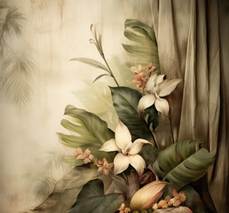 Boho style wallpaper, Vintage botanical illustration of tropical leaves and flowers