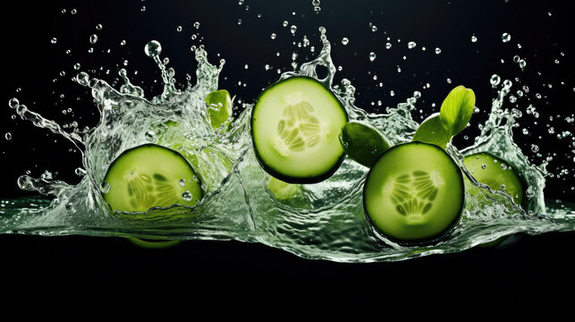 Smooth fresh organic sliced green Cucumber Vegetables falling into the water and splashing created with Generative AI Technology