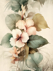 Boho style wallpaper, Vintage botanical illustration of tropical leaves and flowers