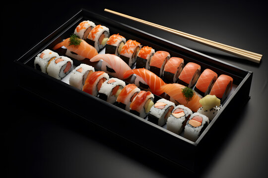 Black box with sushi and chopsticks on a table Food Commercial Photography