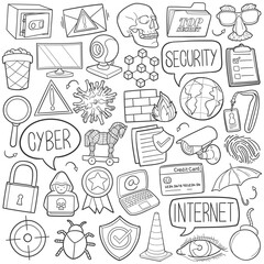 Cyber Doodle Icons Black and White Line Art. Security Clipart Hand Drawn Symbol Design.