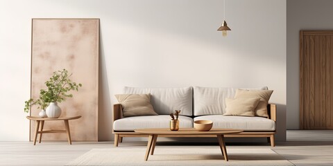 Minimal living room interior with a wooden table, carpet, grey sofa, and door captured in a real photo.