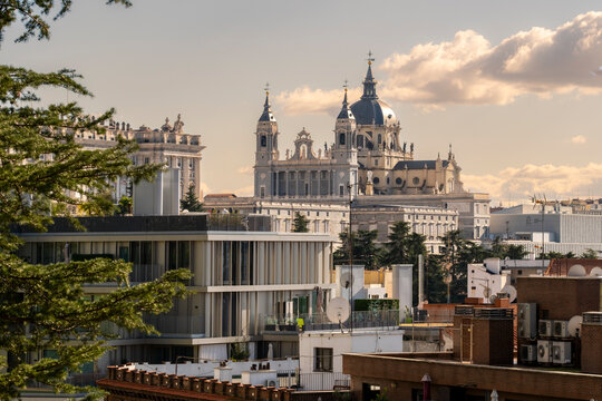 Panoramic view of Madrid with the Cathedral of Santa María la Real de la Almudena in the background