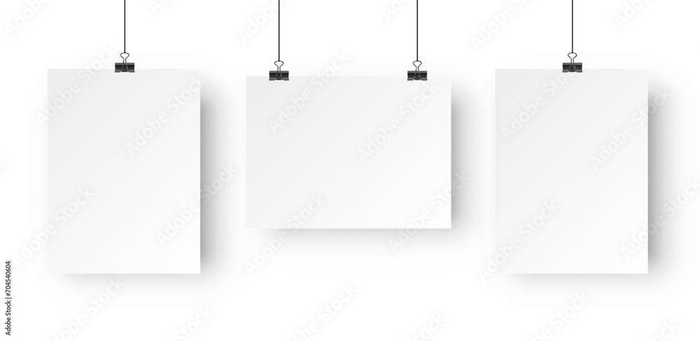 Poster blank a4 posters hanging list with shadows. hanging white paper on binders. a4 paper page mockup she