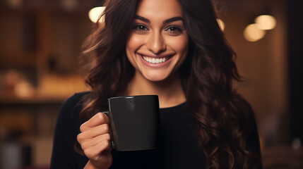 Mug mockup, beautiful woman with long hair holding a black mug and smiling  - obrazy, fototapety, plakaty