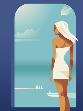 Beautiful girl with long hair. A woman in an elegant short white dress. A girl against the backdrop of the sea and sailboats. Flat minimalistic retro vector. Vintage pop art illustration.