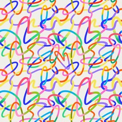 Various bright doodle shapes. Circles, lines, curves. Gradient texture. Abstract style. Hand drawn illustration. Square seamless Pattern. Background, wallpaper. Repeating design element for printing