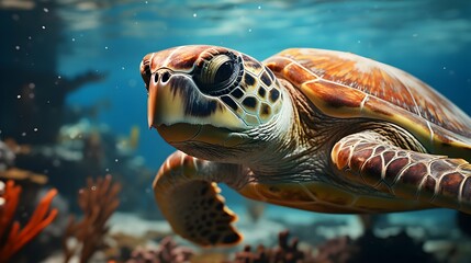 Loggerhead sea turtle swimming in the ocean generative ai