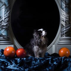 Dog during photoshoot in dark setting generative ai