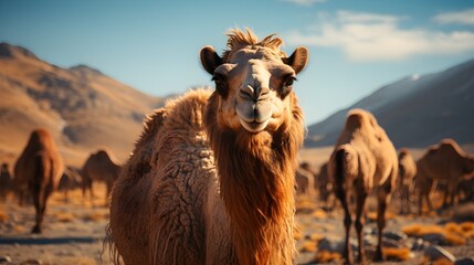 A camel in a mountainous landscape with clear blue sky generative ai - obrazy, fototapety, plakaty