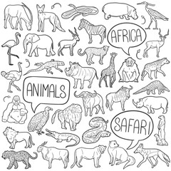 Safari Doodle Icons Black and White Line Art. Animals Clipart Hand Drawn Symbol Design.