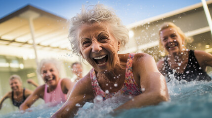 An elderly woman on a beautiful sunny day in the pool with her friends and with an incredibly joyful expression actively spends her free time despite her age - obrazy, fototapety, plakaty