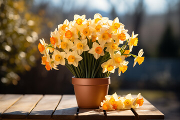 Beautiful still life yellow spring Daffodils in a pot on a wooden table in the sun's rays and green plants in the background - obrazy, fototapety, plakaty