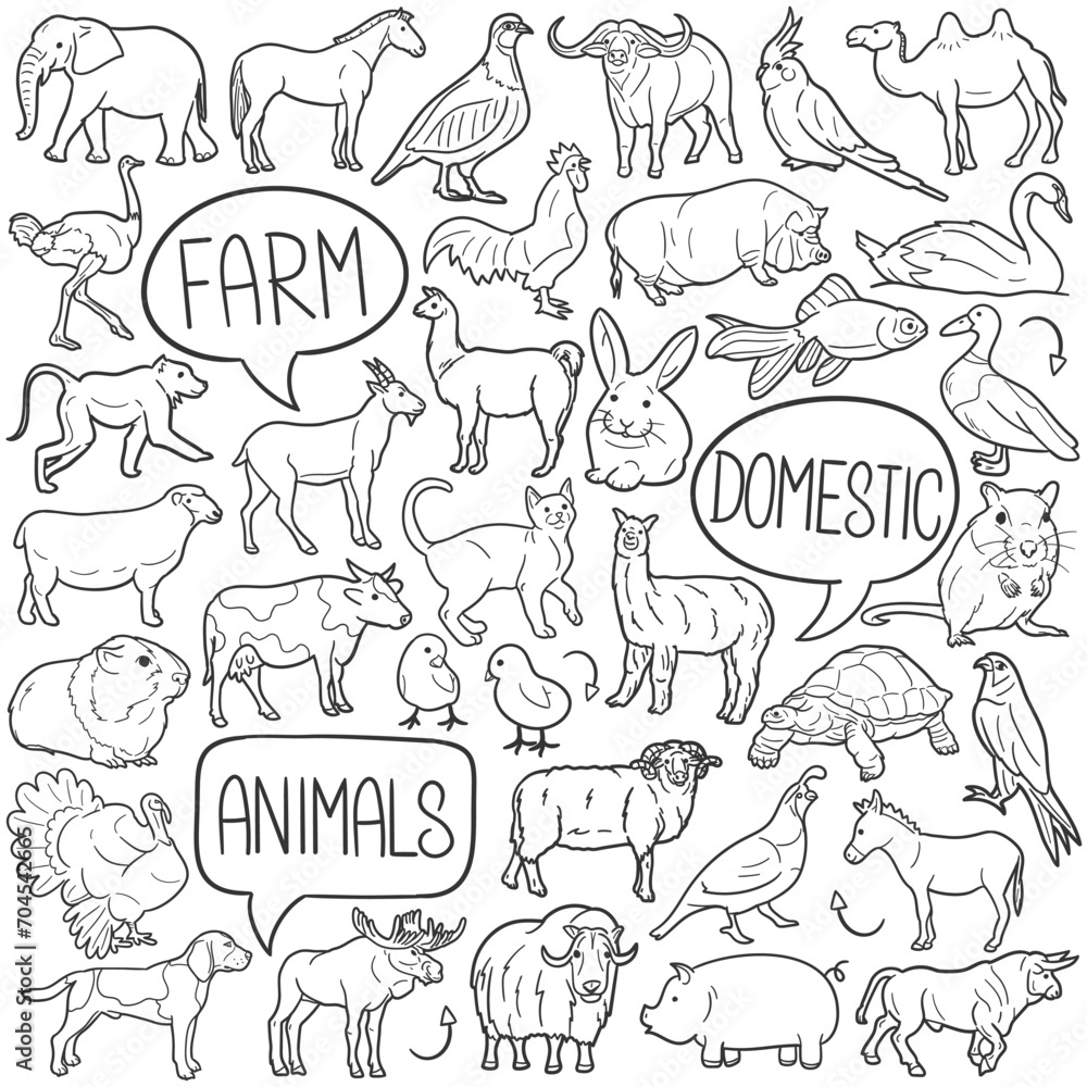 Poster Domestic Animals Doodle Icons Black and White Line Art. Farm Pets Clipart Hand Drawn Symbol Design.