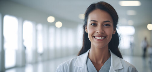 Fototapeta premium portrait of female doctor in hospital. banner, wallpaper, copy space, design template, hospital marketing, medical banner, website banner, healthcare concept, clinic, advertisement