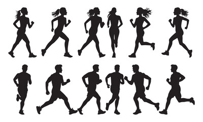 People doing running exercises are isolated on a white background. jogging exercise silhouette set. man and woman silhouettes.