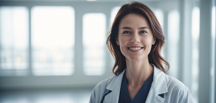 female doctor looking at the camera. banner, wallpaper, copy space, design template, hospital marketing, medical banner, website banner, healthcare concept, clinic, advertisement