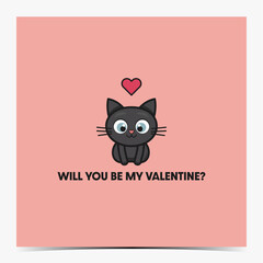 Cute Valentine's Day greeting card, poster, template, label with grey lovely cat