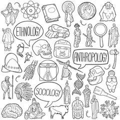 Anthropology Doodle Icons Black and White Line Art. Sociology Clipart Hand Drawn Symbol Design.