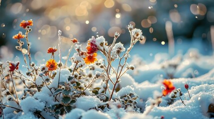 Blossoming flowers gracefully covered in snow, creating a picturesque winter scene