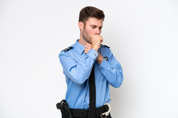 Young police caucasian man isolated on white background is suffering with cough and feeling bad