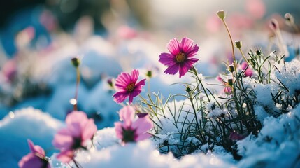 Obraz premium Blossoming flowers gracefully covered in snow, creating a picturesque winter scene