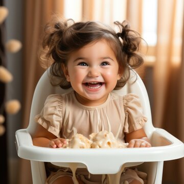 Blissful Bites Happy Baby Girl Sitting and Eating Generative AI