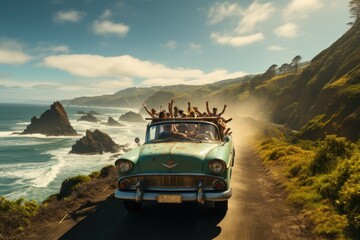 Fototapeta premium Friendship Day Joy Realistic Photo of Friends on New Car Sunset Trip Generative AI