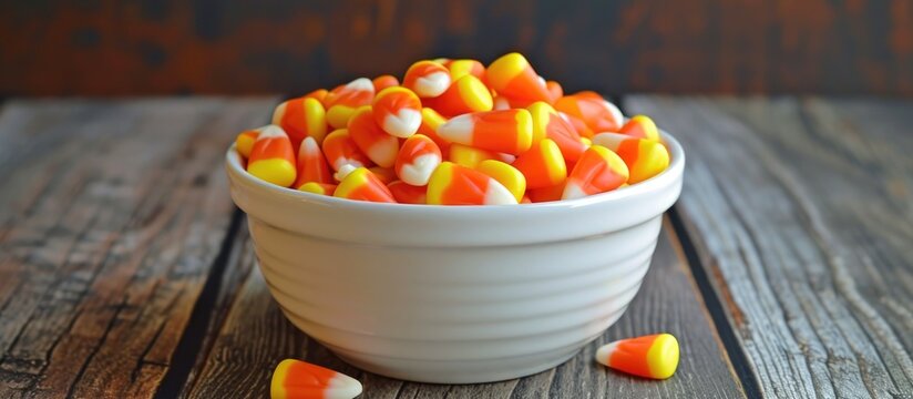 Candy corn and mini-pumpkins in a white bowl.