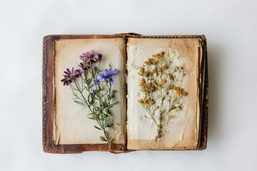 Dried flowers pressed between the pages of an old book. Vintage, retro concept. Nostalgic memories. Herbarium. Springtime beauty, spring floral elegance.
