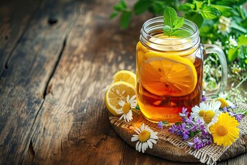 Herbal tea with lemon and mint on background of wooden table and chamomile flowers. Herbal medicine, healthy lifestyle concept. Hot drink for cold spring days