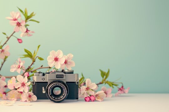 Vintage camera decorated with delicate pink flowers on pastel background. Retro memories, 90s. Spring photography concept. Still life with pink blossoms.