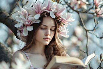 Thoughtful young woman with wreath of magnolia flowers is reading a book in spring blossom garden....