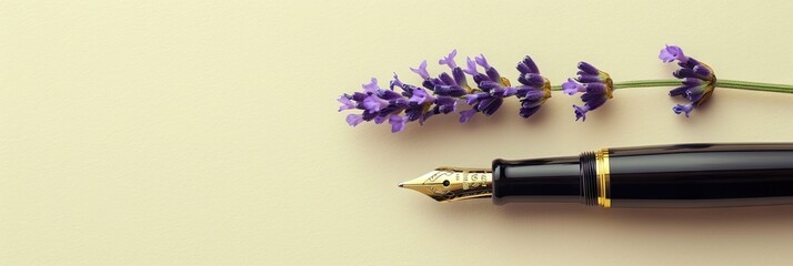 Black fountain pen and lavender flower on beige background. Writing, poetry, education concept. Flat lay, top view, copy space. Springtime composition, spring beauty. Banner, header with copy space - obrazy, fototapety, plakaty