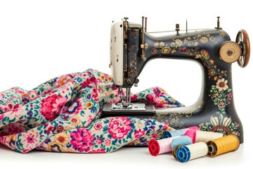 Retro sewing machine with colorful floral fabric and spools of thread on clean white background. Sewing and tailoring concept. Springtime beauty and elegance. 