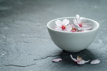 Fototapeta na wymiar Delicate pink and white cherry blossoms in a white bowl on a solid grey background. Still life photography for beauty or spa poster, banner. Springtime beauty and elegance. Copy space