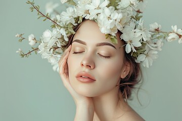 Young woman with white flowers wreath on pastel background. Beauty model with perfect fresh skin and natural makeup. Spring and femininity concept. Springtime celebrations, Easter concept
