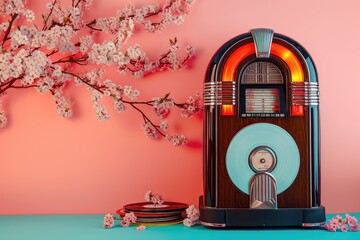 Retro jukebox with pink flowers on a blue table against a pink background. Spring seasonal concept. Springtime holidays and floral beauty. Retro style, 80s and 90s
