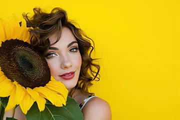 Foto auf Glas Young beautiful woman with sunflower on yellow background. Summertime, Springtime and happiness concept. Spring seasonal holidays and vibrant colors. Banner with copy space © dreamdes