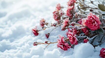 Fototapeta na wymiar Blossoming flowers gracefully covered in snow, creating a picturesque winter scene