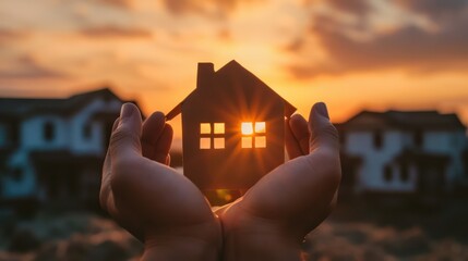 A conceptual background on home protection insurance, featuring hands holding a paper house - obrazy, fototapety, plakaty