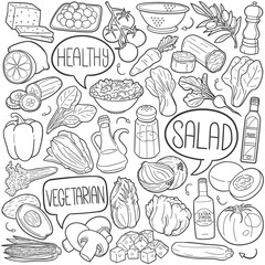 Salad Doodle Icons Black and White Line Art. Food Clipart Hand Drawn Symbol Design.