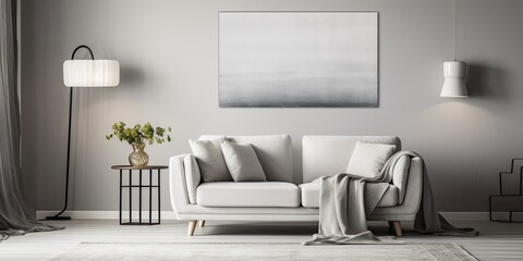 Real photo of white table on carpet in front of grey settee in apartment interior with painting and lamp.