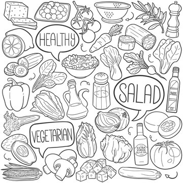 Salad Doodle Icons Black and White Line Art. Food Clipart Hand Drawn Symbol Design.