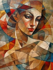 An abstract painting featuring a classic and elegant woman portrayed in a modern, geometric, contemporary, and cubism style. Ideal for wall art, printing design, and artistic posters